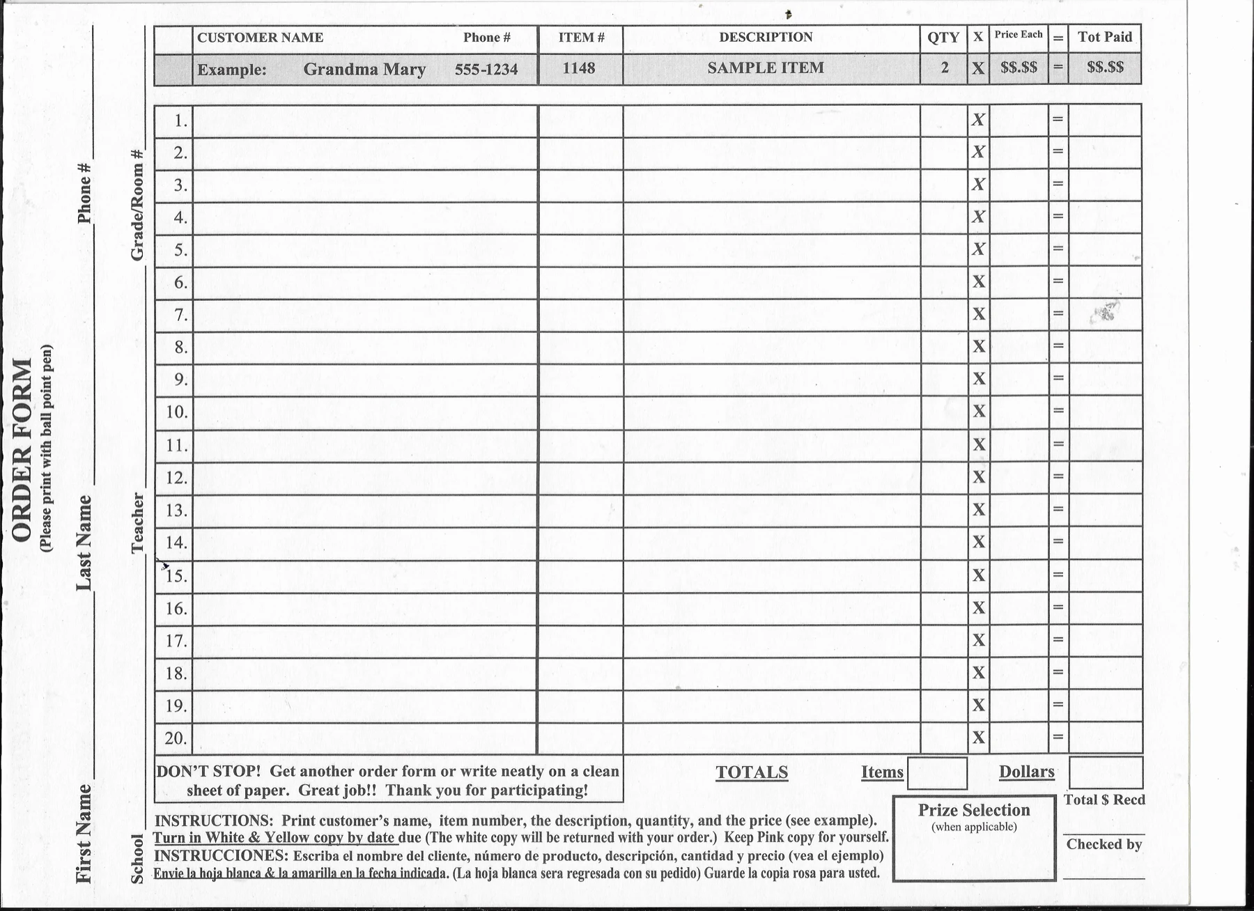Catalog fundraiser order form
